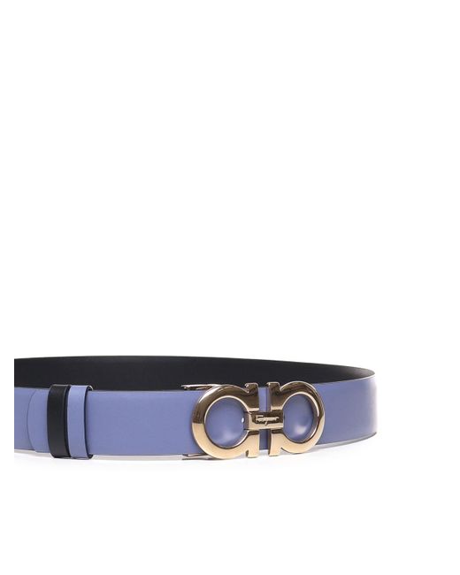 Ferragamo Blue Leather Belt With Metal Gancio Buckle