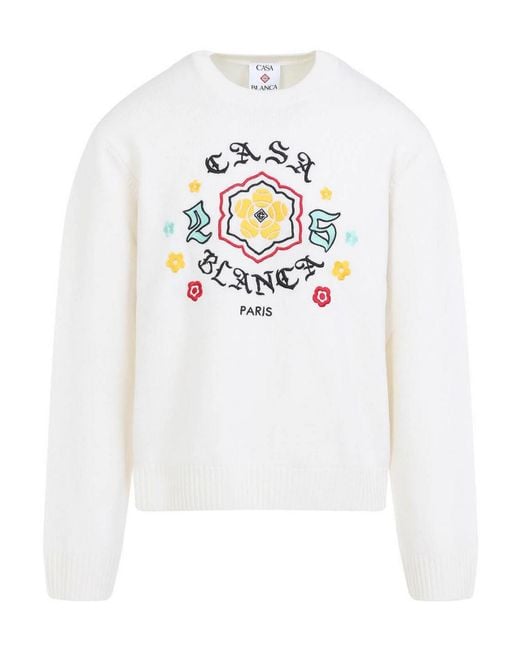 Casablanca White Crewneck Sweater With Floral Embroidery for men