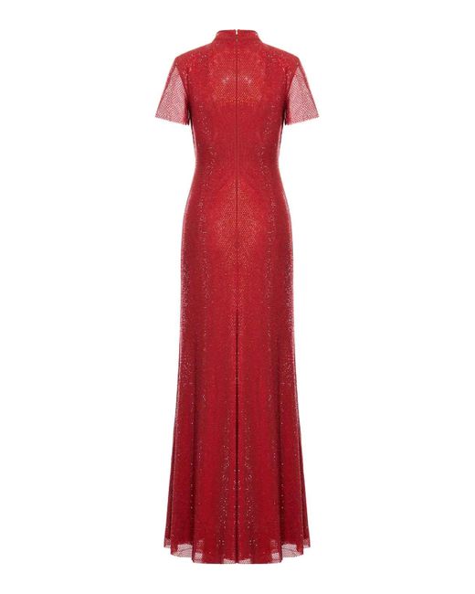 Self-Portrait Rhinestone Mesh Maxi Dress in Red | Lyst