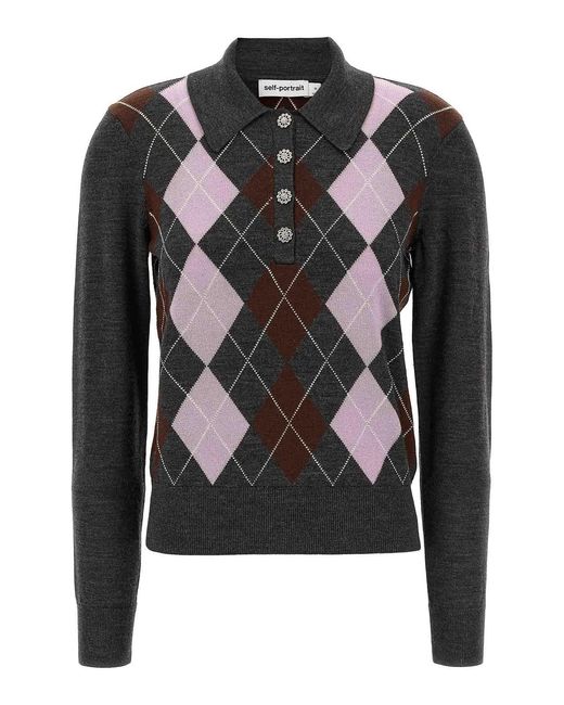 Self-Portrait Black Argyle Lightweight Sweater