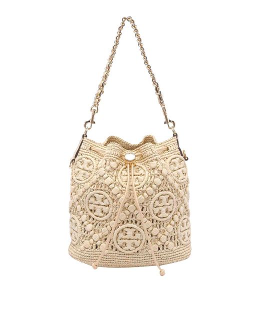 Borsa A Secchiello Media "T Monogram" di Tory Burch in Natural