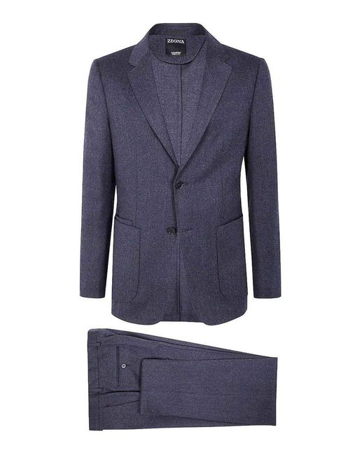 Zegna Blue Wool Suit With Two Button Closure for men