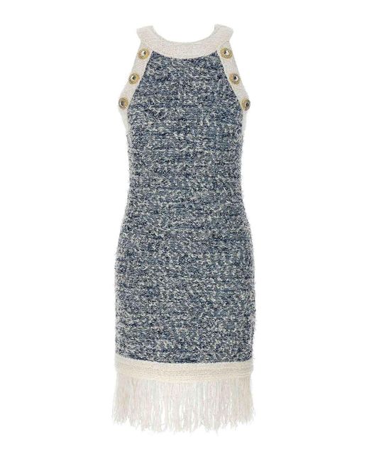 Balmain Blue Fringed Tweed Dress