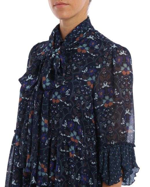See By Chloé Blue Russian Folk Print Flounced Dress
