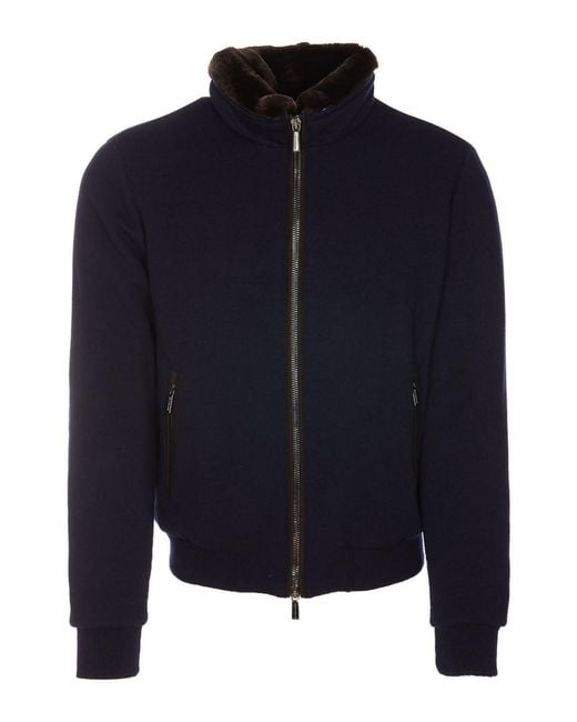 Moorer Blue Wool-Cashmere Jacket With Removable Fur for men