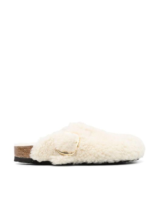 Birkenstock White Boston Big Buckle Shearling Slippers