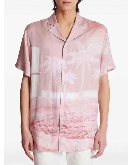 Balmain Pink Palm Tree Print Camp Shirt for men