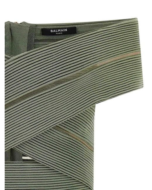Balmain Green Off-The-Shoulder Crop Top