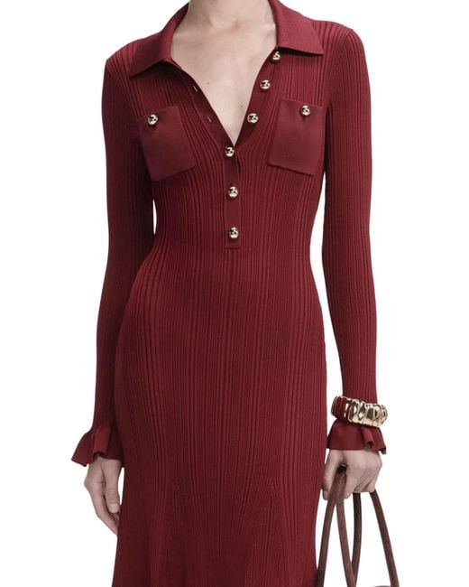 Self-Portrait Red Ribbed Knit Midi Dress