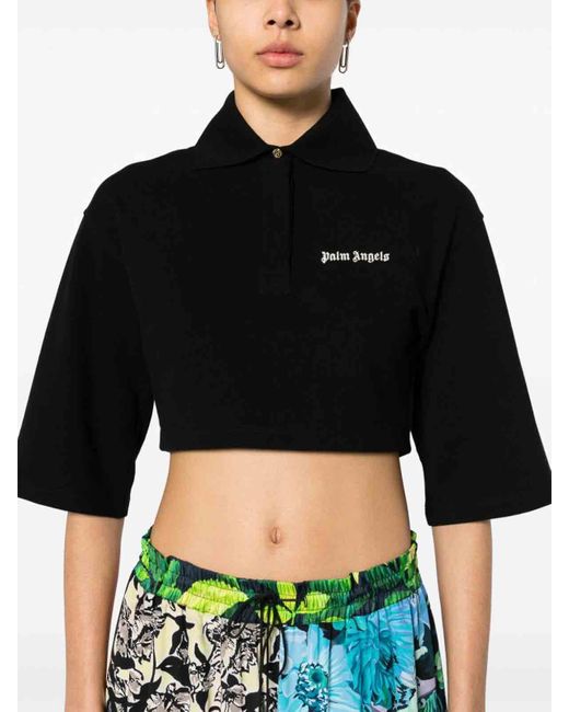 Palm Angels Black Logo Cropped Polo Top