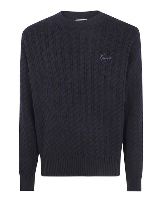 KENZO Blue Signature Cable Knit Jumper for men
