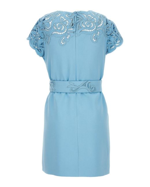 Ermanno Scervino Blue Lace-Detail Mini Dress With Round Neckline