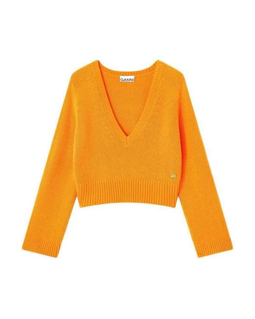 Ganni Orange Chunky Cashmere Deep V-Neck
