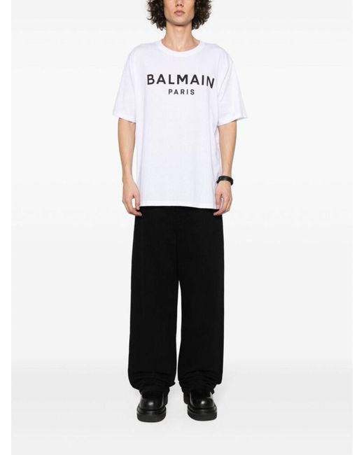 Balmain White Logo Print Crew Neck T-shirt for men