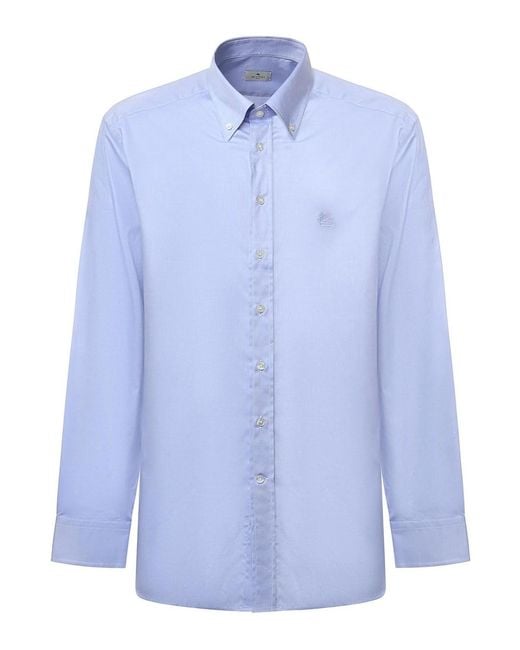 Etro Blue Cotton Shirt With Logo Embroidery for men