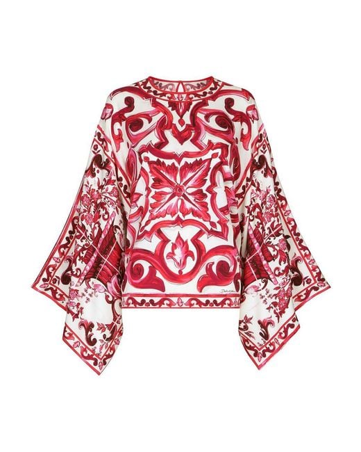 Dolce & Gabbana Red Majolica-Print Crewneck Blouse