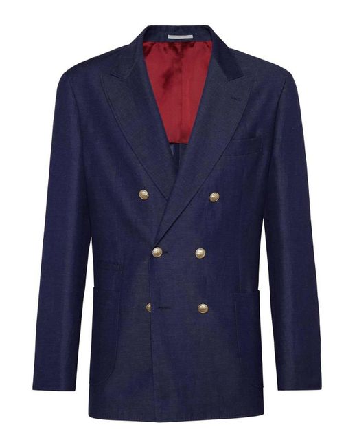 Brunello Cucinelli Blue Wool-linen Denim-effect Blazer for men