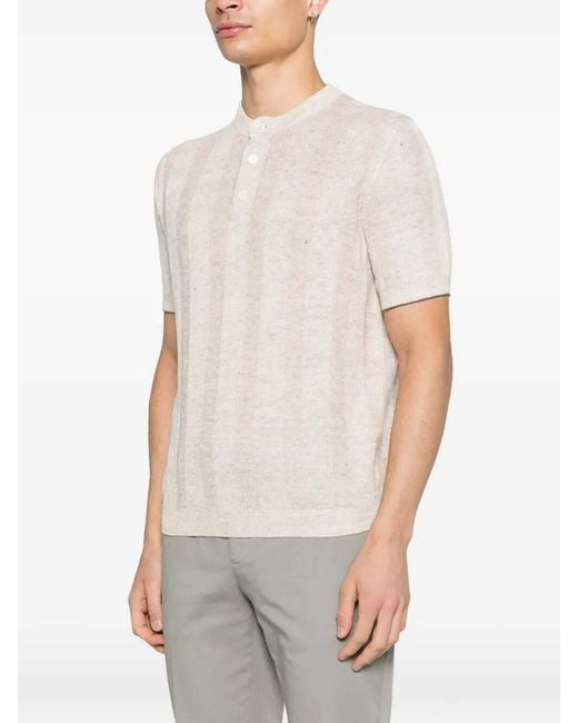 Brunello Cucinelli White Textured Rib Knit T-Shirt With Henley Collar for men