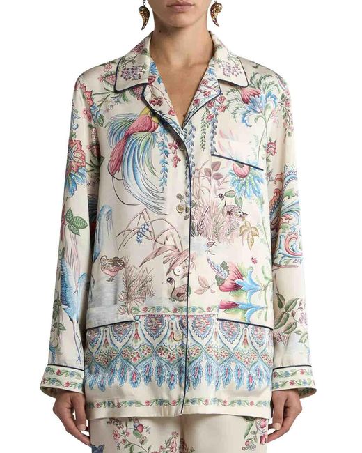 Etro Gray Twill Shirt With Placed Flora And Fauna Print