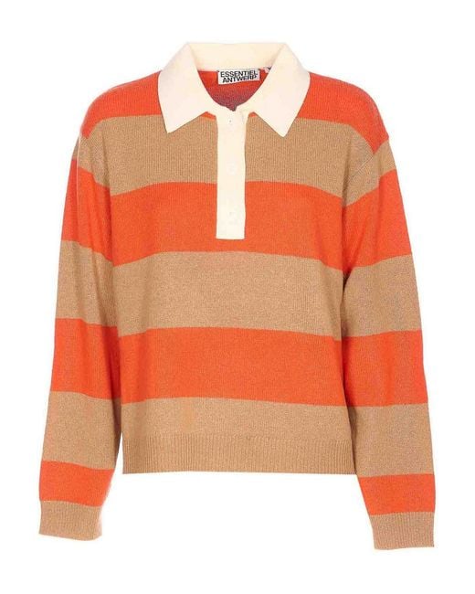 Essentiel Antwerp Orange Striped Buttoned Polo Top