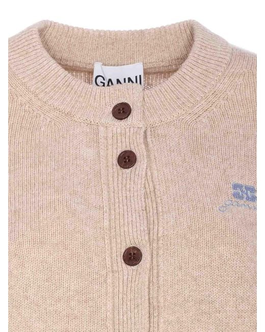 Ganni Natural Knitwear With Long Sleeves And V-Neck
