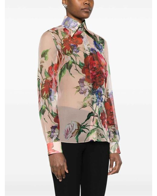 Dolce & Gabbana White Long-Sleeved Silk Shirt With Floral Print