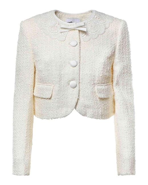 Self-Portrait White Cropped Boucl Jacket With Lace