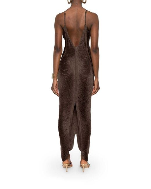 Bless Brown Long Sol Dress With Fringes And V-Neck