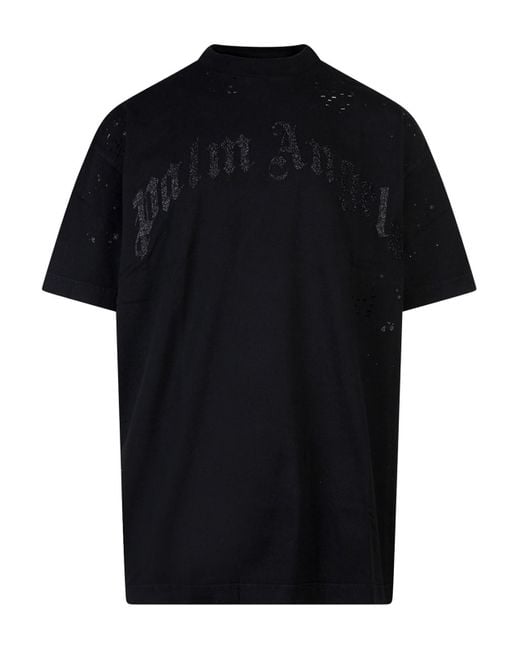 Palm Angels Black Cotton T-shirt With Ripped Effect for men