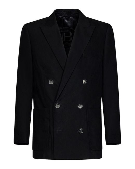 Balmain Black Cotton Twill Double-Breasted Blazer for men