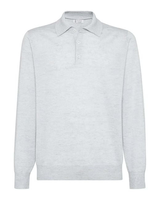 Brunello Cucinelli White Silk And Linen Knit Polo Shirt for men
