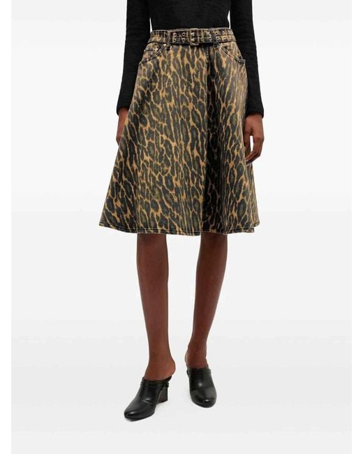 Ganni Green Leopard Midi Skirt With Belted Waist