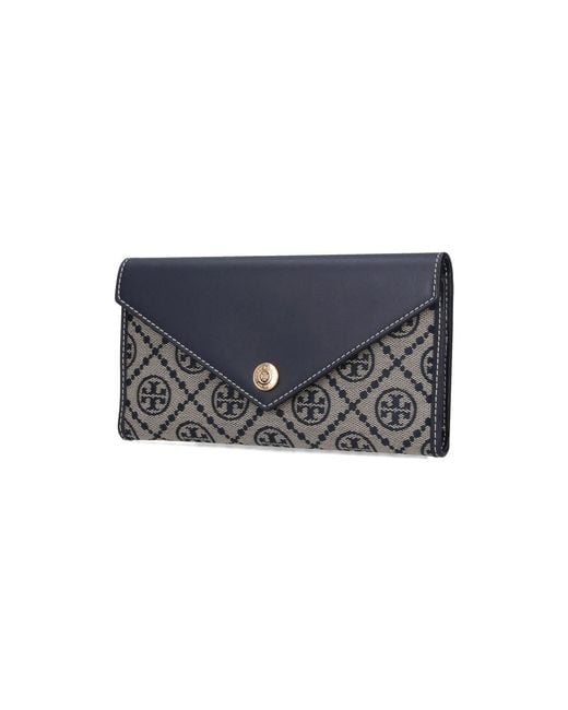 Tory Burch Blue Leather And T Monogram Fabric Wallet