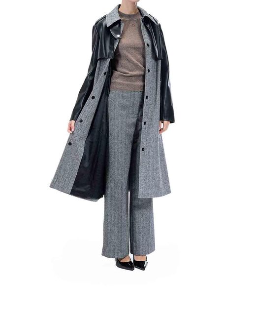 Karl Lagerfeld Gray Tweed & Faux Leather Coat