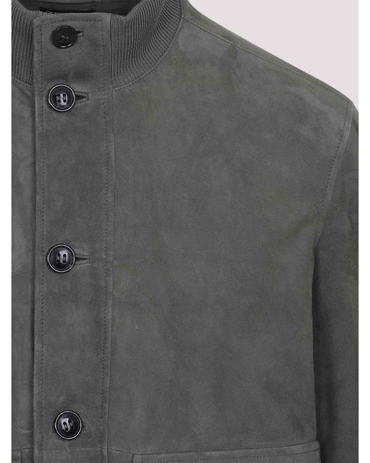 Zegna Gray Buttoned Leather Jacket for men