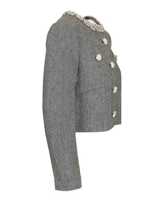 Self-Portrait Gray Herringbone Jacket With Crystal Trim