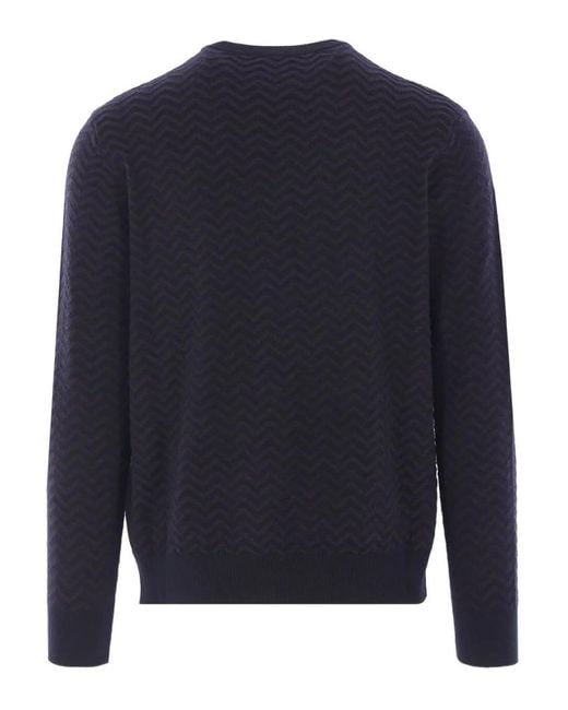 Giorgio Armani Blue Chevron Pattern Long Sleeve Wool Blend Sweater for men