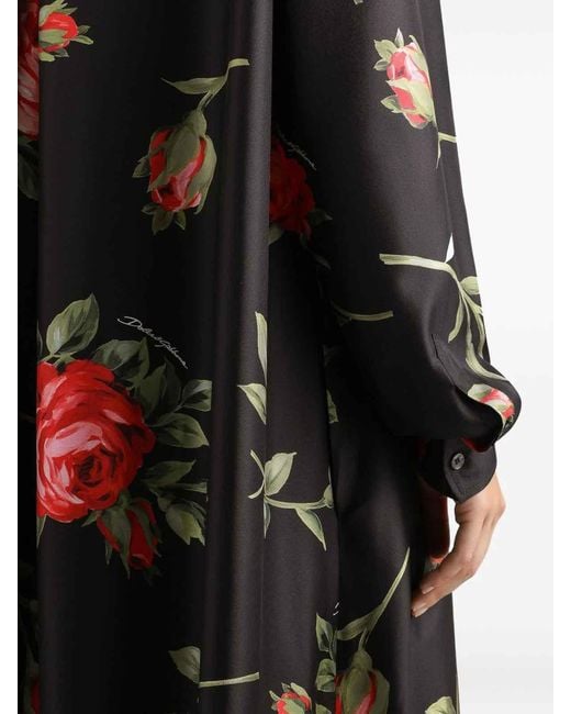 Dolce & Gabbana Red Rose Bouquet-Print Long Twill Dress
