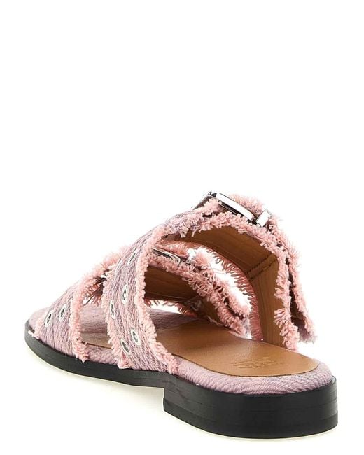 Ganni Pink Feminine Buckle Fringed Denim Sandals