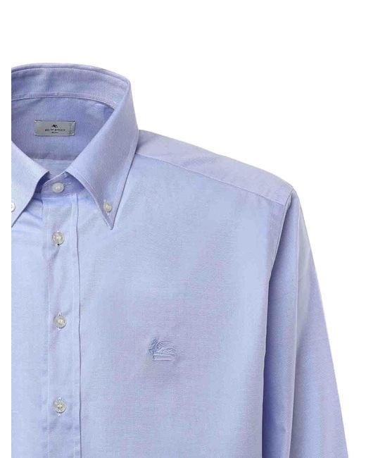 Etro Blue Cotton Shirt With Logo Embroidery for men
