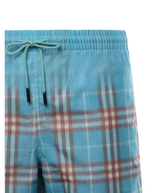 Burberry Blue Swim Trunks With A Faded Check Pattern for men