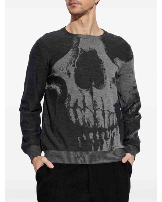 McQueen Gray Skull Crewneck Jumper for men