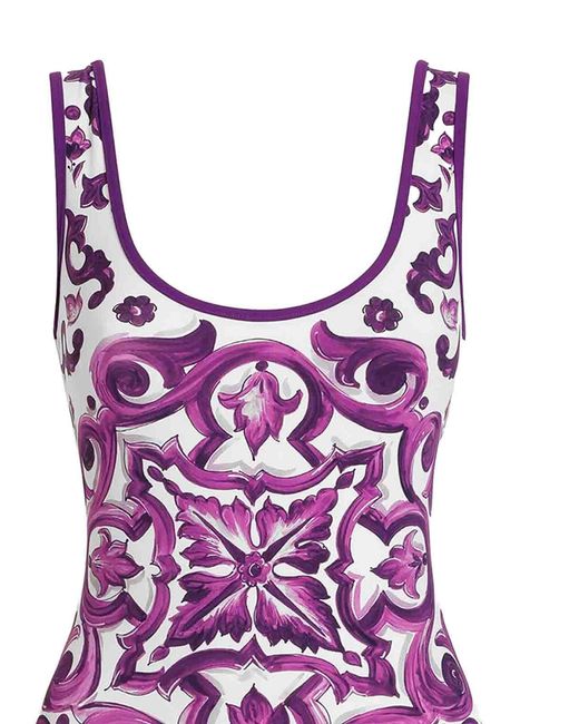 Dolce & Gabbana Purple One-Piece Swimsuit With Majolica Print