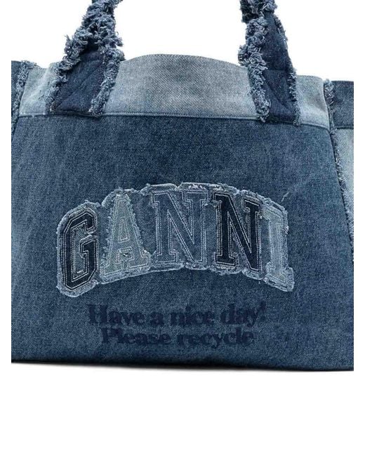 Ganni Blue Cotton Denim Shopping Bag With Logo