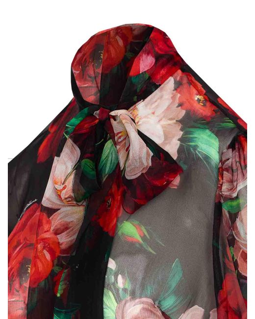 Dolce & Gabbana Red Chiffon Bow Floral Print Shirt
