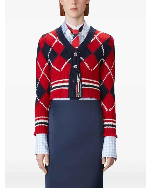 Thom Browne Red Argyle Intarsia V-Neck Cardigan