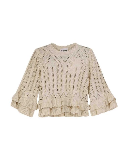 Isabel Marant Natural Frilly Cotton Sweater With Ruffles