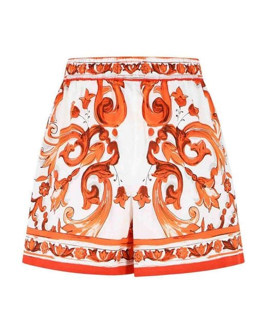 Dolce & Gabbana Orange Maiolica Print Cotton Poplin Shorts