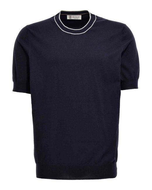 Brunello Cucinelli Blue Short Sleeve Sweater for men