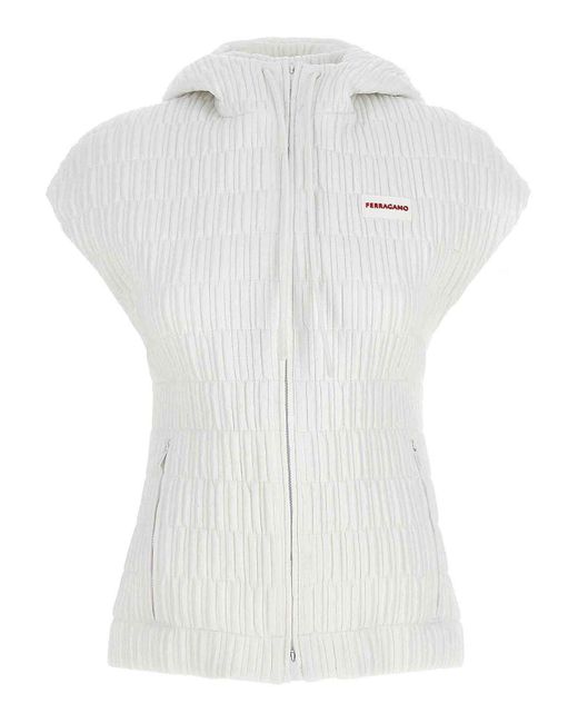 Ferragamo White Textured Nylon Hooded Vest With Zip Closure